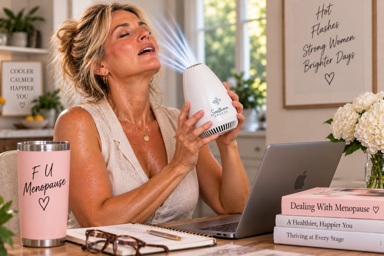 Woman cooling off with a Southern Breeze at her desk during a hot flash