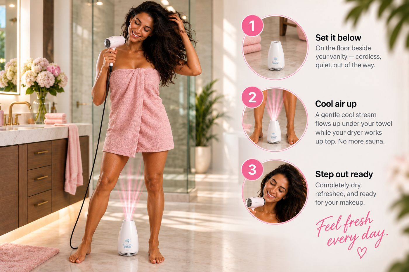 Three steps: set it below, cool air up, step out ready